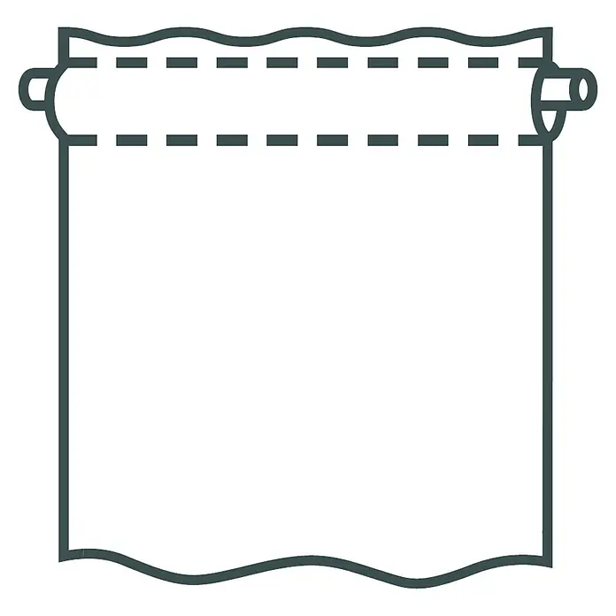 Elbersdrucke Bistrogardine Spume - B x H: 140 x 45 cm, 100 % Polyester, Weiß - Illustration einer heruntergezogenen Rollgardine mit Halterung und gewelltem Abschluss für Fenster und Türen.