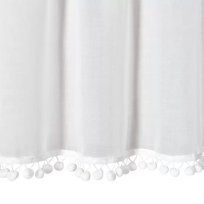 Elbersdrucke Bistrogardine Loni - B x H: 140 x 45 cm, 100 % Polyester, Weiß - Weißer transparenter Vorhang mit weißer Pompon-Borte.