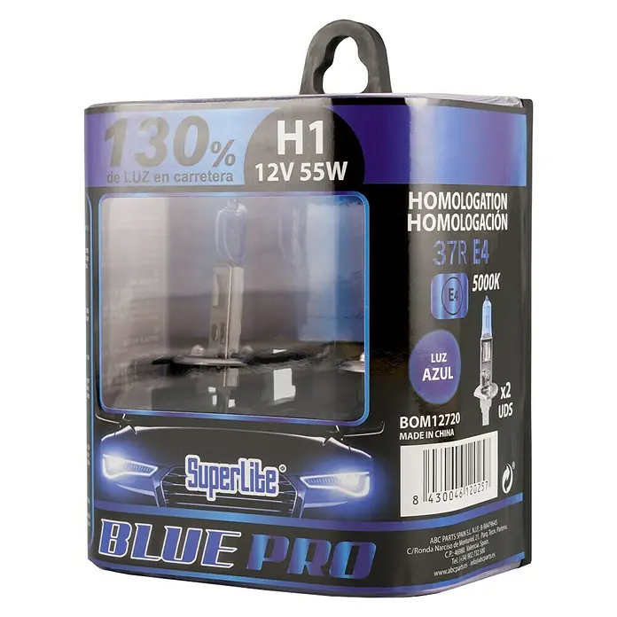Bombilla para faro delantero BOM12720 - 12 V, 2 ud., Azul - Primer plano de una bombilla de faro de coche H1 "Superlite Blue Pro", 12V 55W, que promete un 130% más de luz.