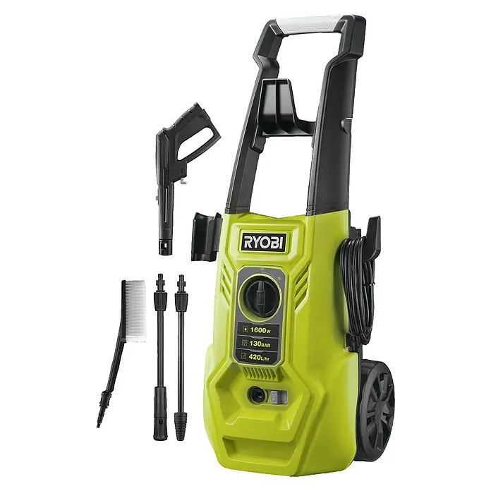 Ryobi Hochdruckreiniger RY130PWA - 1.600 W - Ein Ryobi Hochdruckreiniger in Grün und Schwarz mit Zubehör wie Bürsten und Düsen.