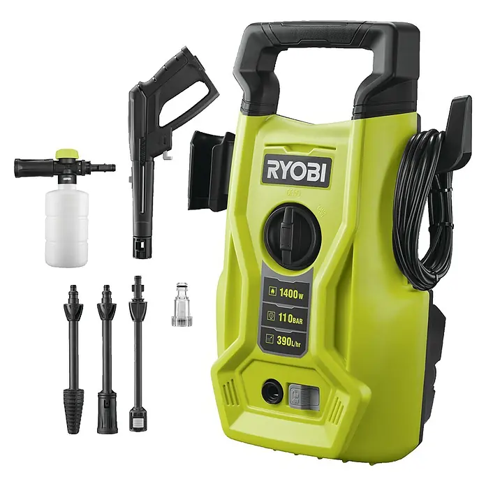 Ryobi Hochdruckreiniger RY110PWA - 1.400 W - Ryobi Hochdruckreiniger mit Zubehör, ideal für Reinigungsarbeiten rund ums Haus und im Garten, mit vielfältigen Aufsätzen für jede Aufgabe.