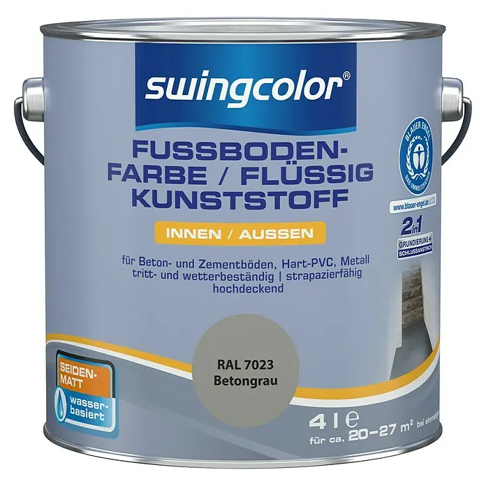 swingcolor 2in1 Fußbodenfarbe / Flüssig Kunststoff 2in1 RAL 7023 - Betongrau, 4 l, Seidenmatt - Dose Swingcolor Fussbodenfarbe Betongrau RAL 7023, seidenmatt, wasserbasiert für Beton- und Zementböden, für Innen- und Aussenbereiche.