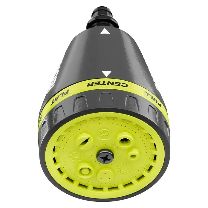 Ryobi Bewässerungsbrause RAC 765 8-IN-1 - Ausstattung: Verstellbare Düse, Einsatzbereich: Garten - Nahaufnahme eines verstellbaren RYOBI-Gartenschlauchaufsatzes mit verschiedenen Sprühmustern, der Vielseitigkeit für die Gartenarbeit bietet.