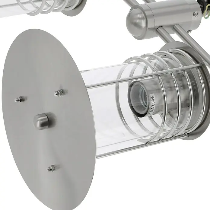 Starlux Silver Star II Kandelaber - 60 W, Farbe Gehäuse: Silber, Ohne Leuchtmittel, Höhe: 220 cm - Nahaufnahme einer modernen silbernen Wandleuchte mit zylindrischem Lampenschirm und Metallkäfig für ein stilvolles Ambiente.