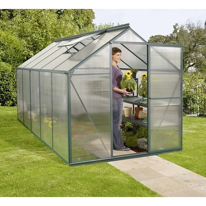 Vitavia Gewächshaus Eos 7500 - Außenmaß inkl. Dachüberstand (B x T): 197,7 x 377 cm, 4 mm, Smaragd - Ein Gewächshaus im Garten mit einer Frau, die eine Sonnenblume hineinträgt, um ihre Pflanzen in diesem Gewächshaus zu züchten.