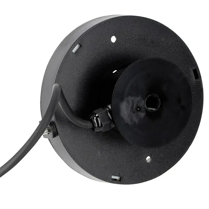 Starlux Kugel-Außenleuchte Kira - 40 cm, Weiß - Nahaufnahme der Rückseite einer schwarzen Leuchte, die Details wie Kabel und Montageelemente zeigt.