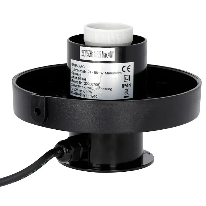 Starlux Kugel-Außenleuchte Kira - 40 cm, Weiß - Aufnahme einer schwarzen Lampenfassung mit CE-Kennzeichnung, IP44 und technischen Daten, geeignet für max. 40W E27 Leuchtmittel.