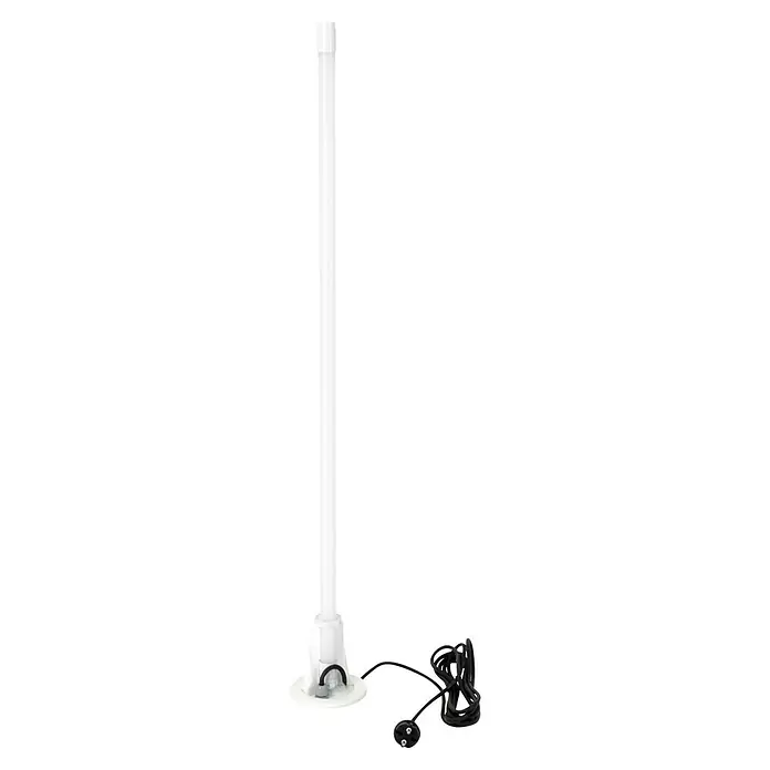 New Garden Design-Außenleuchte Lola 110 - Höhe: 110 cm, Leistung: 16 W, Tageslichtweiß - Eine Nahaufnahme einer weißen LED-Stehlampe mit einem schwarzen Kabel und Stecker. Ideal für modernes Wohnen.
