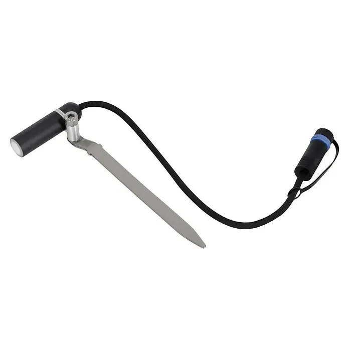 Paulmann Plug & Shine LED-Gartenspot Plantini - 2 W, Erdspieß, Höhe: 22,3 cm, 24 V - Ein Einweg-Laryngoskop mit Lichtquelle und Kabel für medizinische Zwecke. Das Laryngoskop ist auf einem schwarzen Hintergrund abgebildet.