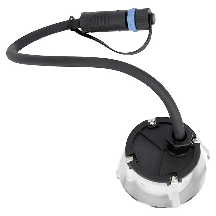 Paulmann Plug & Shine LED-Gartenspot Floor Eco - 1,3 W, Durchmesser: 7 cm, 24 V, IP65, Silber - Nahaufnahme eines runden Unterwasserscheinwerfers mit schwarzem Kabel und blauem Stecker. Ideal für Pools und Teiche.