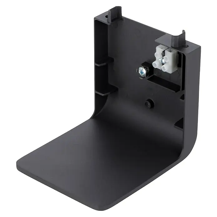 Steinel Sobremuro exterior GL 80 SC - Color del marco: Antracita, Blanco cálido, 13,2 x 11 x 63,25 cm, Con bombillas - Primer plano de un soporte de esquina negro con tornillos y bloques de terminales para un montaje seguro.