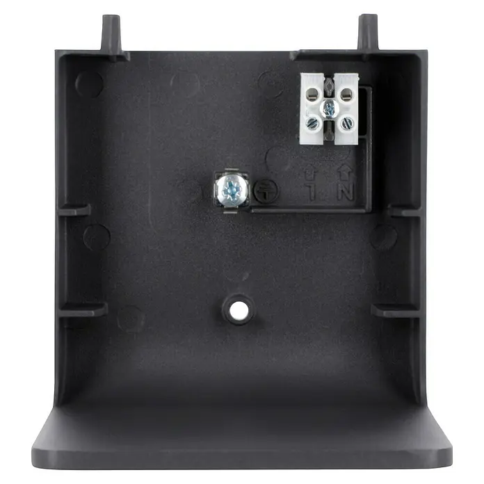 Steinel Sobremuro exterior GL 80 SC - Color del marco: Antracita, Blanco cálido, 13,2 x 11 x 63,25 cm, Con bombillas - Primer plano de un soporte de pared negro con terminales de conexión eléctrica y tornillos.