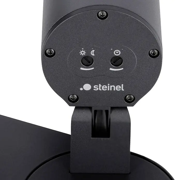 Steinel LED-Sensor-Außenwandleuchte Spot Duo S anthrazit - 14,95 W, L x B x H: 9,8 x 24,7 x 17,5 cm, Anthrazit, Warmweiß - Nahaufnahme einer schwarzen Steinel-Außenleuchte mit Sensoreinstellungen.