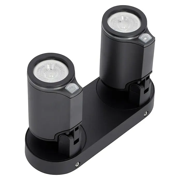 Steinel LED-Sensor-Außenwandleuchte Spot Duo S anthrazit - 14,95 W, L x B x H: 9,8 x 24,7 x 17,5 cm, Anthrazit, Warmweiß - Nahaufnahme einer schwarzen Doppelstrahler-Lampe mit verstellbaren Köpfen und LED-Leuchten, ideal für die Akzentbeleuchtung.