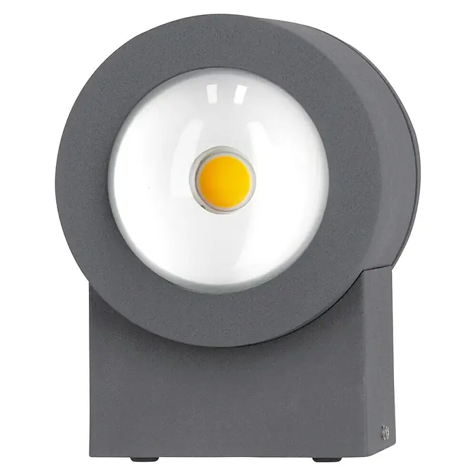 Starlux LED-Außenwandleuchte Fano - 10 W, 12 x 9 x 10,5 cm, Anthrazit, IP54 - Nahaufnahme einer modernen, runden Wandleuchte in Grau mit warmweißem LED-Licht, ideal für stilvolle Außenbeleuchtung.