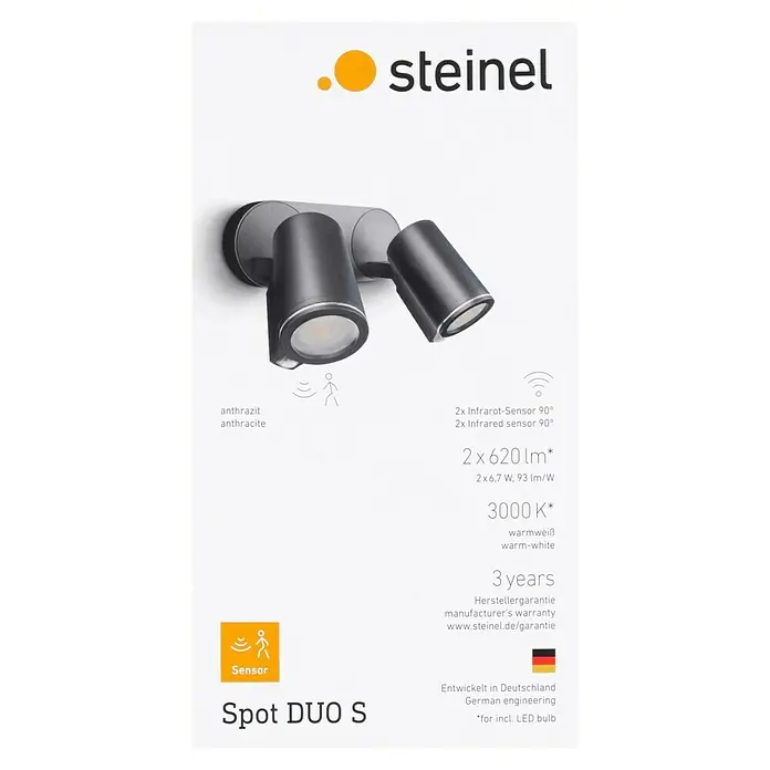 Steinel LED-Sensor-Außenwandleuchte Spot Duo S anthrazit - 14,95 W, L x B x H: 9,8 x 24,7 x 17,5 cm, Anthrazit, Warmweiß - Abbildung einer anthrazitfarbenen Steinel Spot DUO S Außenleuchte mit Bewegungsmelder.