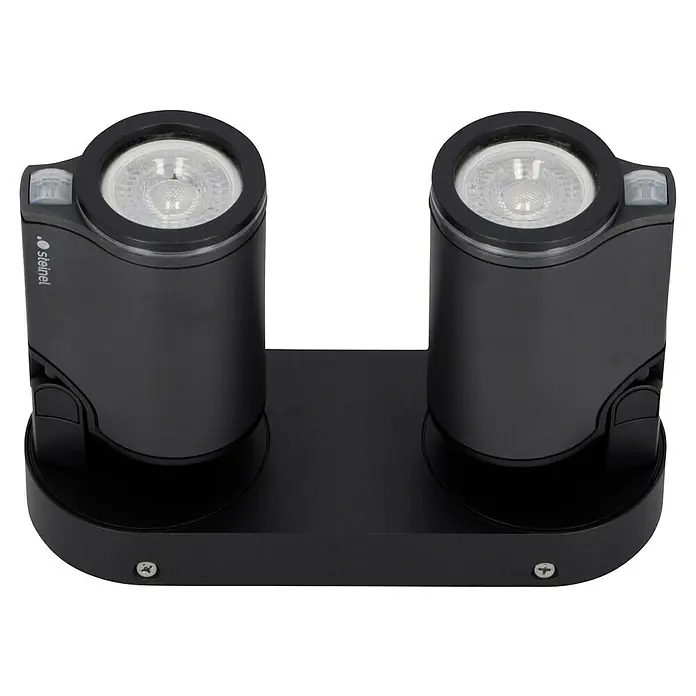 Steinel LED-Sensor-Außenwandleuchte Spot Duo S anthrazit - 14,95 W, L x B x H: 9,8 x 24,7 x 17,5 cm, Anthrazit, Warmweiß - Ein schwarzer Steinel-Doppelscheinwerfer mit Bewegungsmelder auf einer schwarzen Basis. Ideal für die Außenbeleuchtung.