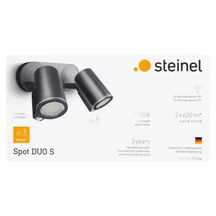 Steinel LED-Sensor-Außenwandleuchte Spot Duo S anthrazit - 14,95 W, L x B x H: 9,8 x 24,7 x 17,5 cm, Anthrazit, Warmweiß - Abbildung einer anthrazitfarbenen Steinel Spot DUO S Außenleuchte mit Infrarotsensor, die warmweißes Licht spendet.