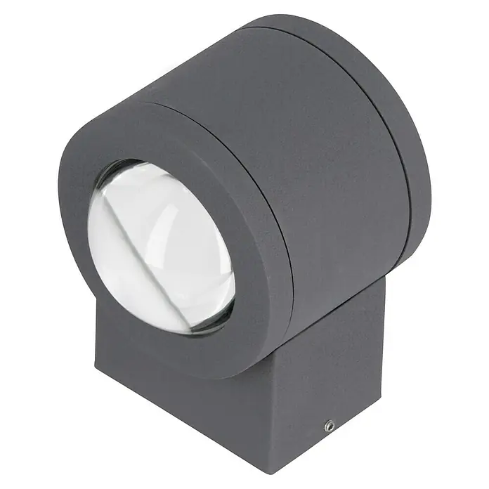 Starlux LED-Außenwandleuchte Fano - 10 W, 12 x 9 x 10,5 cm, Anthrazit, IP54 - Nahaufnahme einer modernen, grauen Außenleuchte mit einem klaren, runden Glas, ideal zur stilvollen Beleuchtung von Außenbereichen.