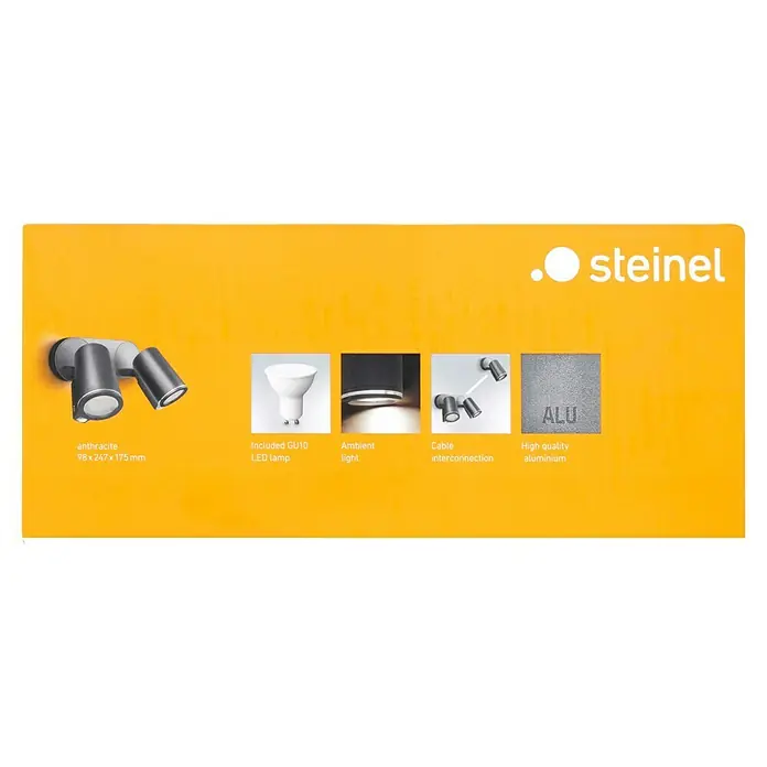 Steinel LED-Sensor-Außenwandleuchte Spot Duo S anthrazit - 14,95 W, L x B x H: 9,8 x 24,7 x 17,5 cm, Anthrazit, Warmweiß - Abbildung einer Steinel Außenleuchte in Anthrazit, inklusive GU10 LED Lampe, mit Ambient Licht und Kabelverbindung, aus hochwertigem Aluminium.