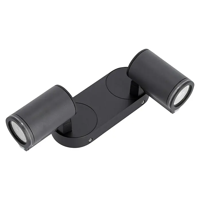 Steinel LED-Sensor-Außenwandleuchte Spot Duo S anthrazit - 14,95 W, L x B x H: 9,8 x 24,7 x 17,5 cm, Anthrazit, Warmweiß - Aufnahme einer modernen, schwarzen Doppelstrahler-Wandleuchte, die ein elegantes Design und fokussiertes Licht bietet.