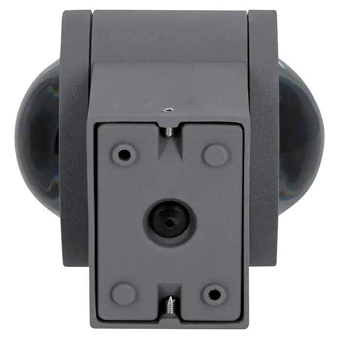 Starlux LED-Außenwandleuchte Fano - 10 W, 12 x 9 x 10,5 cm, Anthrazit, IP54 - Nahaufnahme einer modernen, grauen Außenleuchte mit zwei klaren Glaskugeln, ideal für stilvolle Beleuchtung von Hausfassaden.