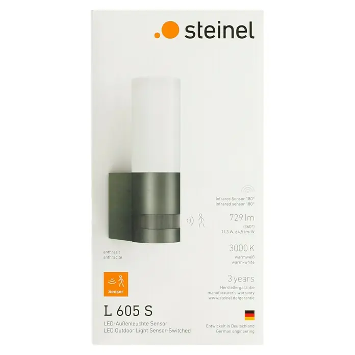 Steinel LED-Sensor-Außenwandleuchte L 605 S anthrazit - 11,3 W, L x B x H: 13,1 x 7,8 x 26 cm, Anthrazit, Warmweiß - Bild einer anthrazitfarbenen Steinel L 605 S LED-Außenleuchte mit Sensor, die modernes Design und Funktionalität vereint.