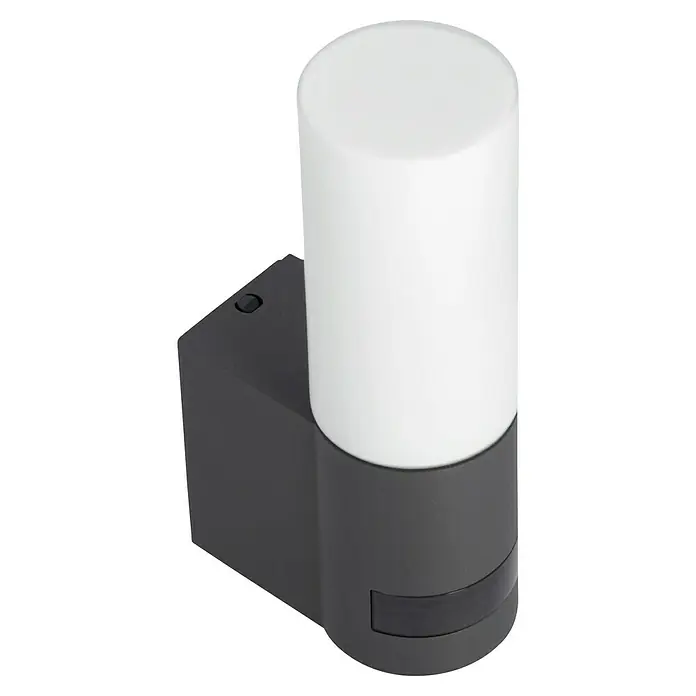 Steinel LED-Sensor-Außenwandleuchte L 605 S anthrazit - 11,3 W, L x B x H: 13,1 x 7,8 x 26 cm, Anthrazit, Warmweiß - Eine graue Außenleuchte mit einem zylindrischen, weißen Lampenschirm und einem integrierten Bewegungsmelder sorgt für Sicherheit und Komfort.