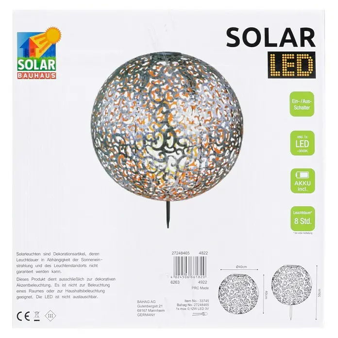 BAUHAUS Solar-Dekoleuchte Antik - LED, Silber, Ø x H: 40 x 50 cm - Bild einer Solar-LED-Gartenleuchte von Bauhaus. Dekorative Beleuchtung mit warmweißem Licht und Akku, für eine stimmungsvolle Atmosphäre.