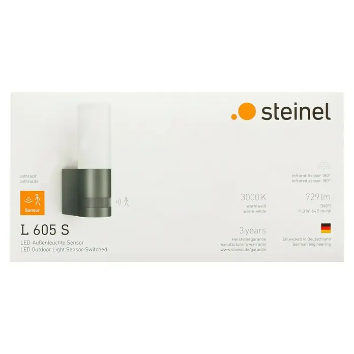 Steinel LED-Sensor-Außenwandleuchte L 605 S anthrazit - 11,3 W, L x B x H: 13,1 x 7,8 x 26 cm, Anthrazit, Warmweiß - Abbildung einer Steinel L 605 S LED-Außenleuchte mit Sensor in Anthrazit, die für ihre Infrarot-Sensorik und warmweißes Licht bekannt ist.