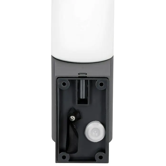 Steinel LED-Sensor-Außenwandleuchte L 605 S anthrazit - 11,3 W, L x B x H: 13,1 x 7,8 x 26 cm, Anthrazit, Warmweiß - Eine Detailaufnahme eines Seifenspenders mit offenem Gehäuse, das die internen Mechanismen zeigt, auf schwarzem Hintergrund.