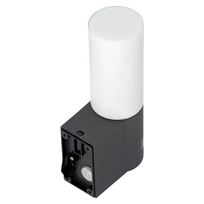 Steinel LED-Sensor-Außenwandleuchte L 605 S anthrazit - 11,3 W, L x B x H: 13,1 x 7,8 x 26 cm, Anthrazit, Warmweiß - Eine Nahaufnahme einer Wandleuchte mit einem zylindrischen Lampenschirm und einer schwarzen Montagebasis. Die Leuchte hat ein modernes und schlichtes Design.