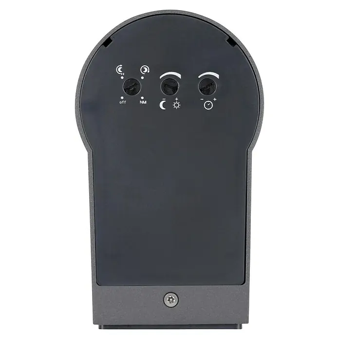 Steinel LED-Sensor-Außenwandleuchte L 605 S anthrazit - 11,3 W, L x B x H: 13,1 x 7,8 x 26 cm, Anthrazit, Warmweiß - Nahaufnahme der Rückseite einer Lampe mit Drehknöpfen zur Einstellung von Helligkeit und Sensorempfindlichkeit.