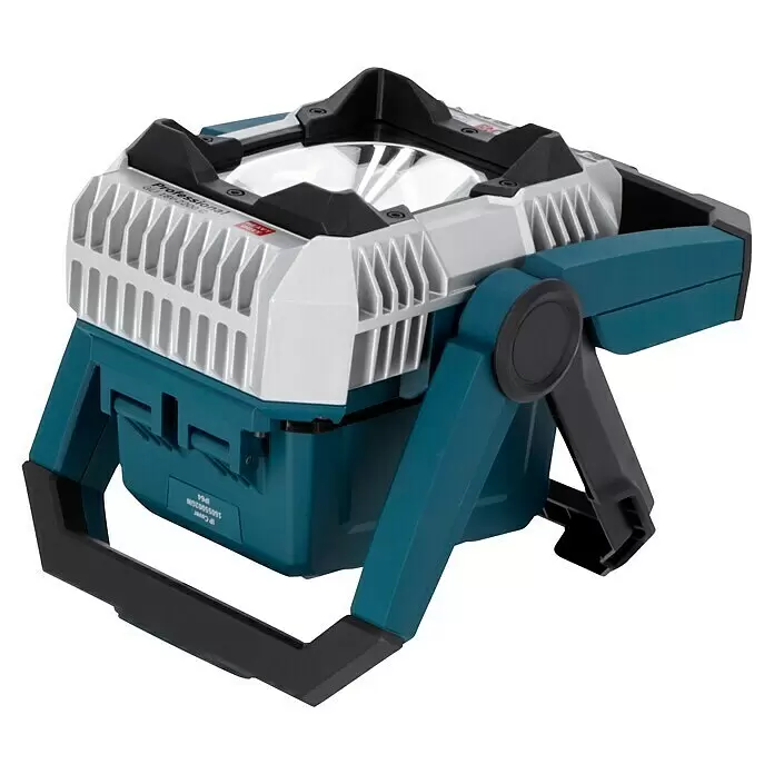 Bosch Professional AMPShare 18V Proyector LED de batería GLI 18V-2200 C - Sin batería, 2.200 lm - Foco LED de trabajo Bosch Professional azul y plateado con detalles negros y soporte ajustable.