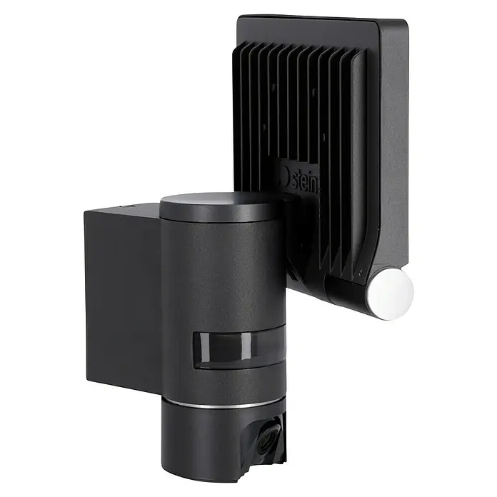 Steinel LED-Außenwandleuchte XLED CAM 1 S anthrazit - 21 W, 16,7 x 21 x 27,5 cm, IP44 - Eine detaillierte Nahaufnahme einer schwarzen Steinel-Außenleuchte mit Bewegungsmelder und Kühlrippen.
