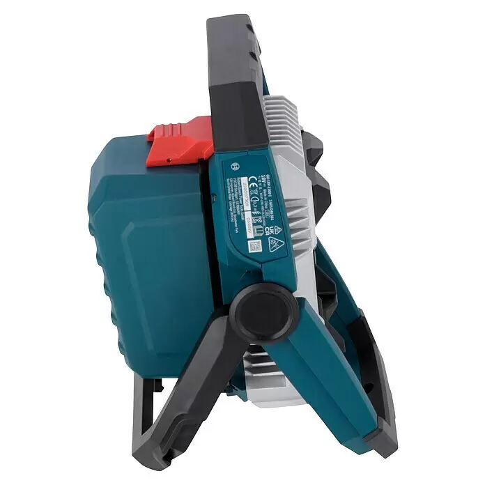 Bosch Professional AMPShare 18V Proyector LED de batería GLI 18V-2200 C - Sin batería, 2.200 lm - Un foco de trabajo Bosch azul y negro, visto de lado, con un asa roja y una etiqueta con los detalles del producto.