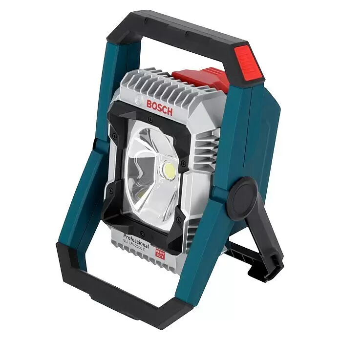 Bosch Professional AMPShare 18V Proyector LED de batería GLI 18V-2200 C - Sin batería, 2.200 lm - Robusta luz de trabajo LED Bosch Professional con carcasa azul, negra y plateada, gran LED central y detalles rojos.
