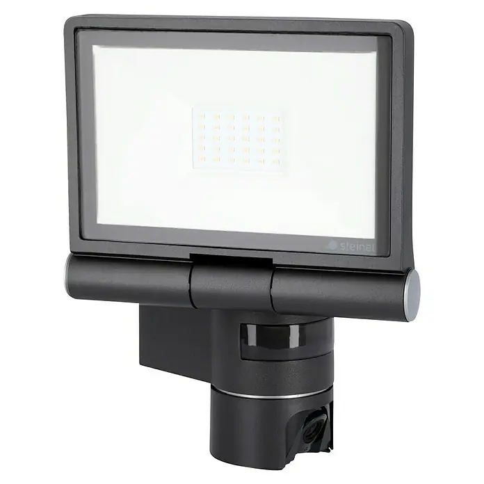 Steinel LED-Außenwandleuchte XLED CAM 1 S anthrazit - 21 W, 16,7 x 21 x 27,5 cm, IP44 - Eine Nahaufnahme eines Steinel LED-Außenstrahlers mit Bewegungsmelder, ideal für die Beleuchtung von Außenbereichen.