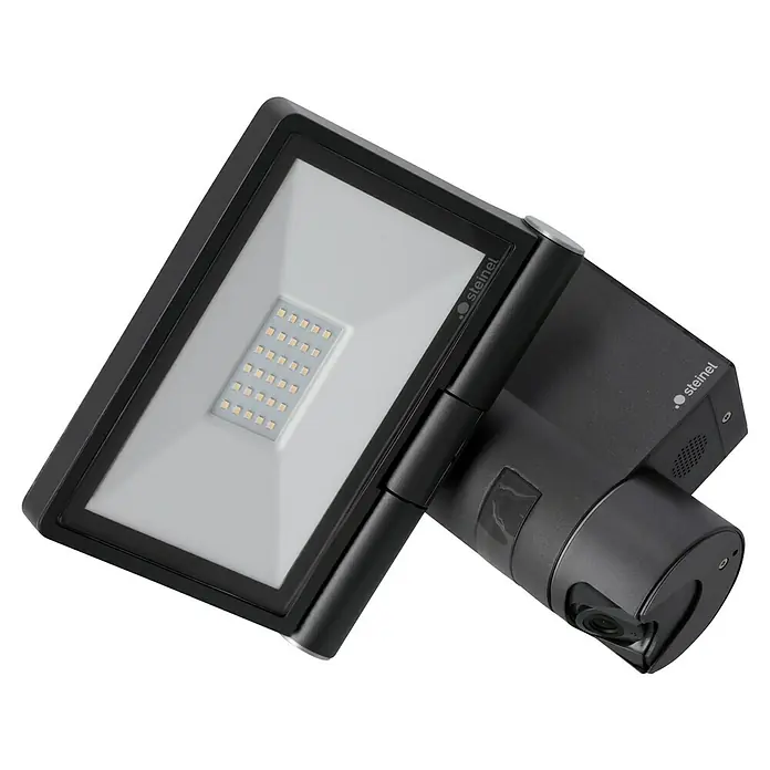 Steinel LED-Außenwandleuchte XLED CAM 1 S anthrazit - 21 W, 16,7 x 21 x 27,5 cm, IP44 - Nahaufnahme eines Steinel-Flutlichts mit Bewegungsmelder, ideal für die Außenbeleuchtung und Sicherheit rund ums Haus.