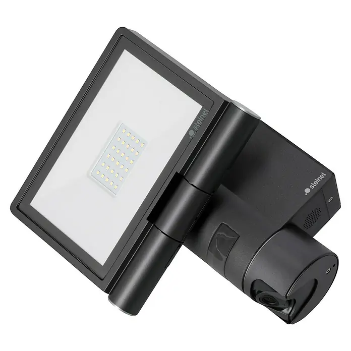 Steinel LED-Außenwandleuchte XLED CAM 1 S anthrazit - 21 W, 16,7 x 21 x 27,5 cm, IP44 - Das Bild zeigt eine Steinel Außenleuchte mit integrierter Kamera, die eine Kombination aus Beleuchtung und Überwachung für den Außenbereich bietet.