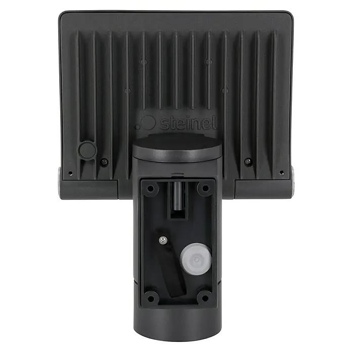 Steinel LED-Außenwandleuchte XLED CAM 1 S anthrazit - 21 W, 16,7 x 21 x 27,5 cm, IP44 - Nahaufnahme der Steinel-Außenleuchte, die ein robustes Design und Befestigungsdetails für den Außenbereich zeigt.
