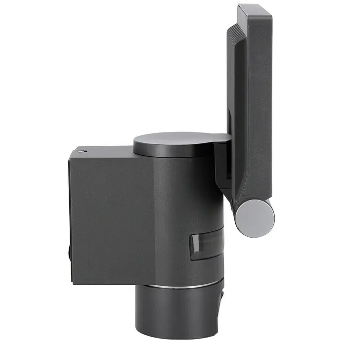 Steinel LED-Außenwandleuchte XLED CAM 1 S anthrazit - 21 W, 16,7 x 21 x 27,5 cm, IP44 - Das Bild zeigt ein modernes, schwarzes Überwachungskamera-System mit einem schlanken Design, ideal für die Sicherheit im Innen- und Außenbereich.