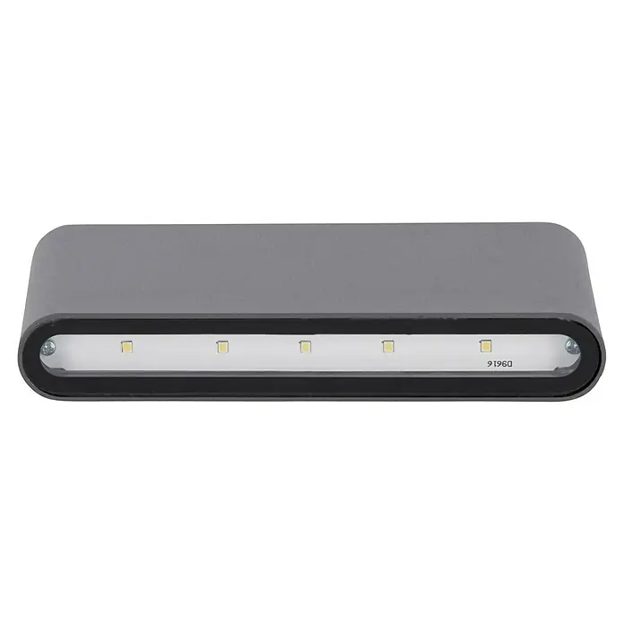 Trio Leuchten LED-Außenwandleuchte Thames II - 9 W, 9 x 17,5 x 3 cm, Anthrazit, IP54 - Eine LED-Wandleuchte mit sechs LEDs, eingebettet in ein graues Gehäuse mit schwarzem Rand und sichtbaren Schrauben.