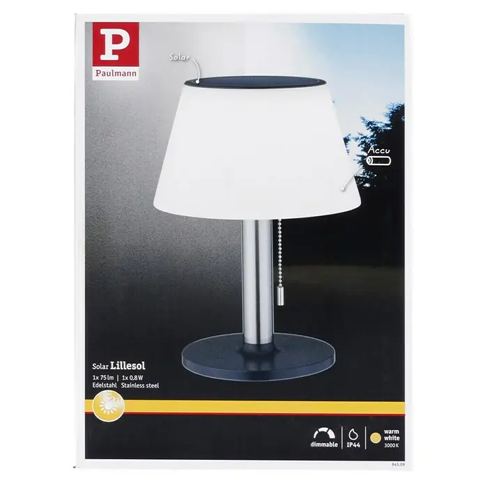 Paulmann Solar-Dekoleuchte Lillesol - 0,8 W, Edelstahl, IP44 - Das Bild zeigt eine Paulmann Solar Lillesol Tischleuchte aus Edelstahl mit warmweißem Licht und Dimmfunktion.