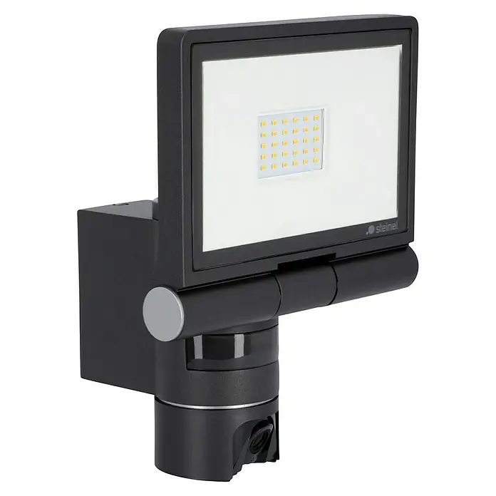 Steinel LED-Außenwandleuchte XLED CAM 1 S anthrazit - 21 W, 16,7 x 21 x 27,5 cm, IP44 - Produktbild eines Steinel LED-Außenstrahlers mit Bewegungsmelder, ideal für die Beleuchtung von Haus und Garten.