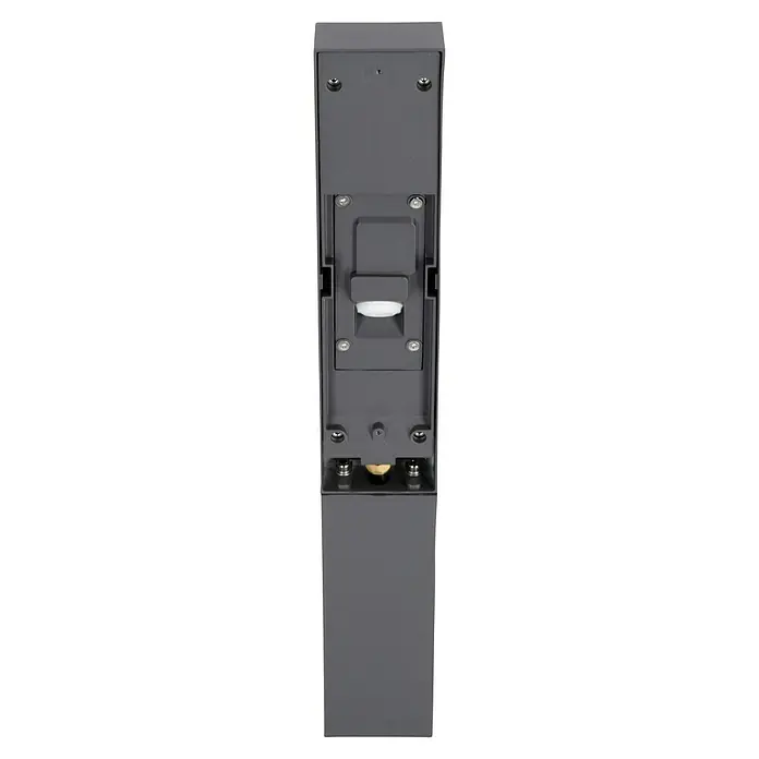 Starlux Laholm Sobremuro exterior - 8 W, Color del marco: Gris oscuro, Blanco cálido, 7 x 5,2 x 50 cm, Con bombillas - Un primer plano de un soporte dispensador de jabón gris con herrajes metálicos, que muestra un diseño moderno y robusto para baños o cocinas.