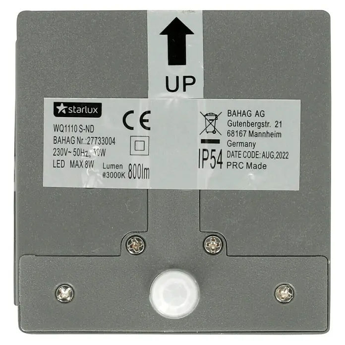Starlux LED-Sensor-Außenwandleuchte Umea - 10 W, L x B x H: 10 x 10 x 10 cm, Anthrazit, Warmweiß - Nahaufnahme eines Starlux-Produktschildes mit technischen Details wie Modell, Spannung, Leistung und Herstellerinformationen.