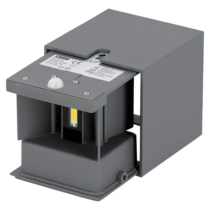 Starlux LED-Sensor-Außenwandleuchte Umea - 10 W, L x B x H: 10 x 10 x 10 cm, Anthrazit, Warmweiß - Nahaufnahme einer grauen, würfelförmigen Außenleuchte mit LED und Sensor für die Wandmontage.