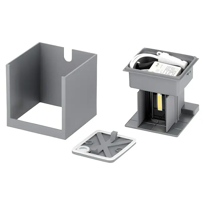 Starlux LED-Sensor-Außenwandleuchte Umea - 10 W, L x B x H: 10 x 10 x 10 cm, Anthrazit, Warmweiß - Zerlegter grauer LED-Wandstrahler für den Außenbereich, bestehend aus Gehäuse, Leuchte und Montageplatte.
