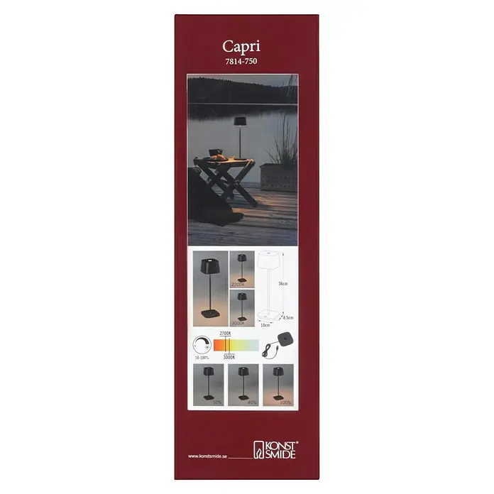 Konstsmide Akku-Tischleuchte Capri - 2,2 W, Schwarz - Abbildung der Capri Tischleuchte 7814-750 von Konstsmide. Die Leuchte ist mit einem Dimmer und einer Farbtemperaturregelung ausgestattet.